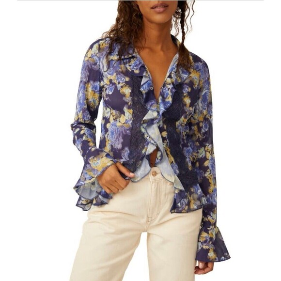 Free People Bad at Love Blouse Sheer Floral Ruffle Sleeve Lace Boho Fairy Whimsy - Picture 2 of 13
